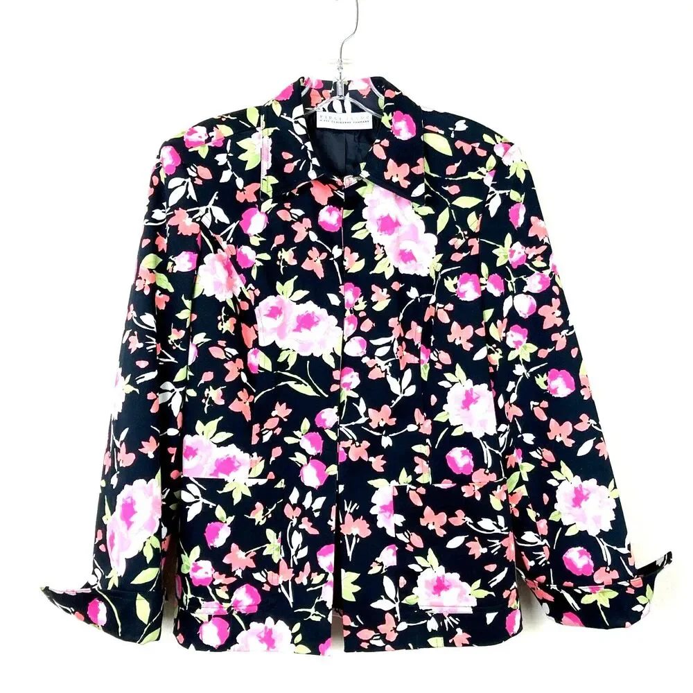 Liz Claiborne First Issue Women's Blazer Size M Hook & Eye Closure Dark Floral